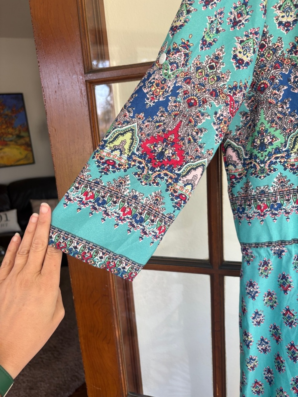 Turquoise Floral Border Button-Front Maxi Dress - Picture 2 of 9